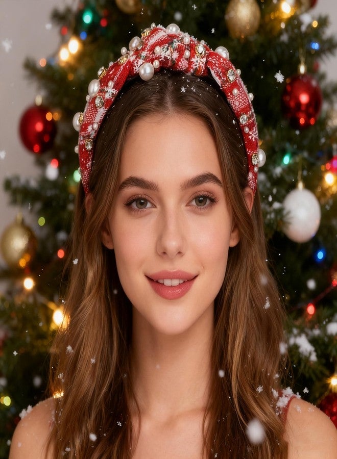 Sokfone Christmas Headband for Women Knotted Headband Jeweled Embellished Pearl Knotted Wide Top Knot Hair Accessory, Holiday Outfits & Gifts - Image 2